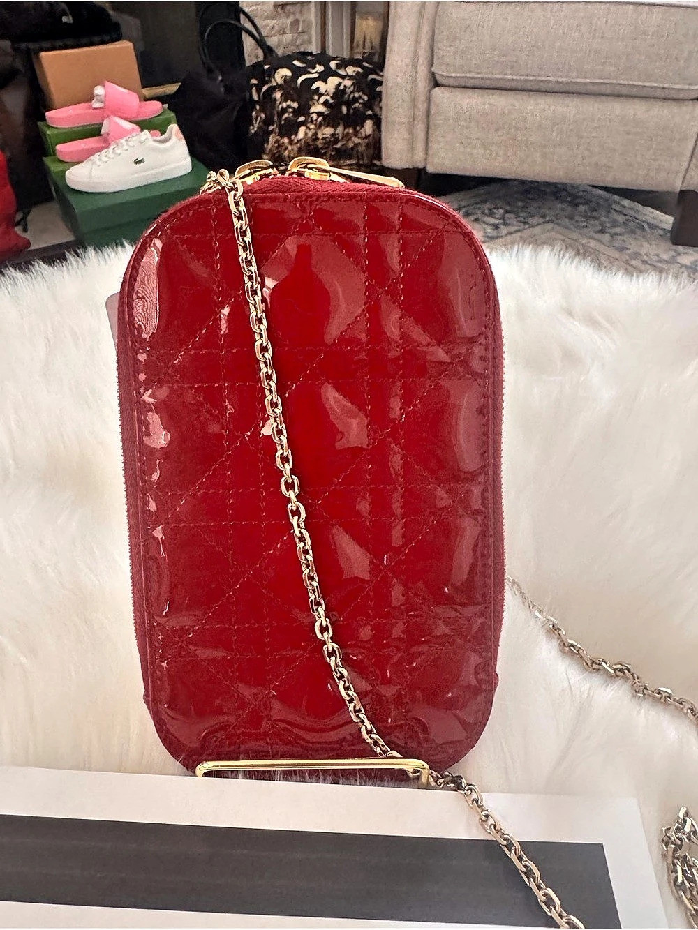 Lady Dior Call’ in Dior Phone Holder Quilted Crossbody Chain in Red